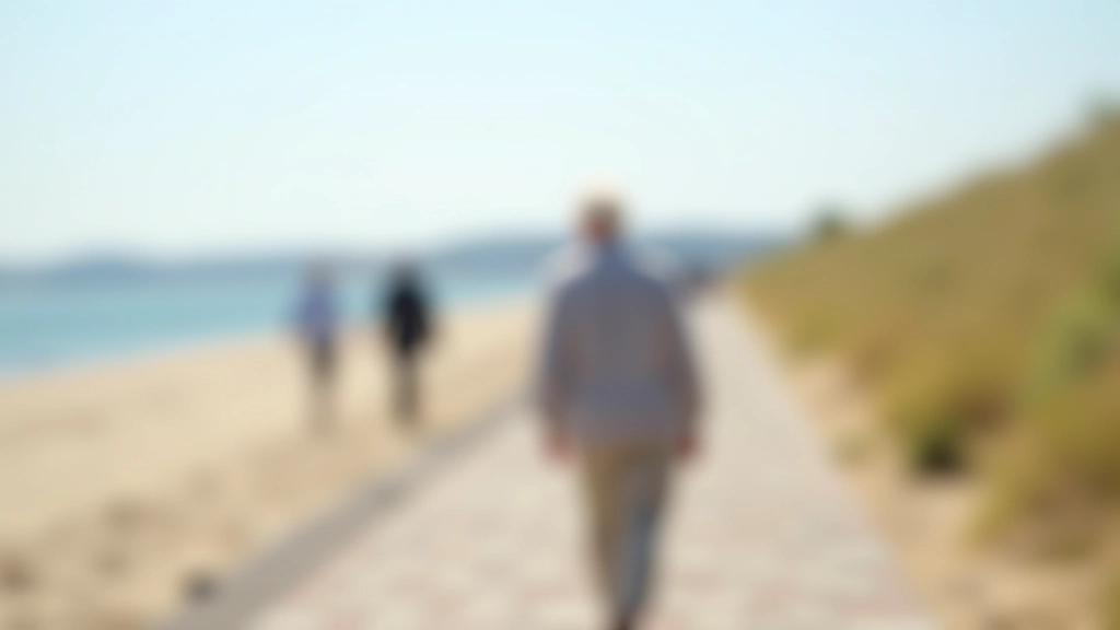 Seniors pārgājienu laikā pludmales promenādē