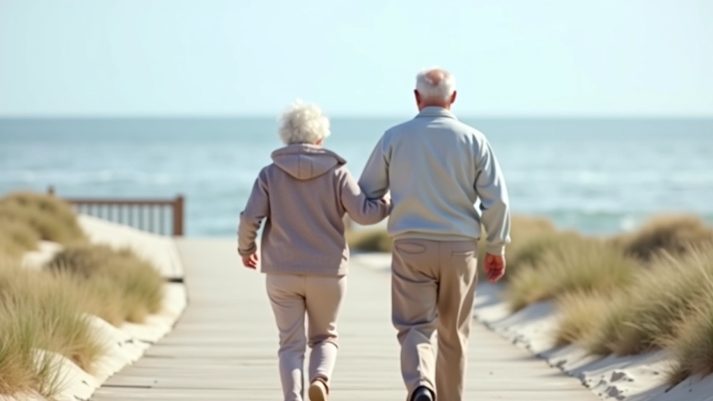 Seniori pastaigājas pa pludmales promenādi ar jūru fonā, saulainā dienā